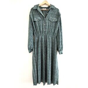Vintage 90s Pine Green Paisley Print Shirt Dress Midi Secretary Sage Pleated 16